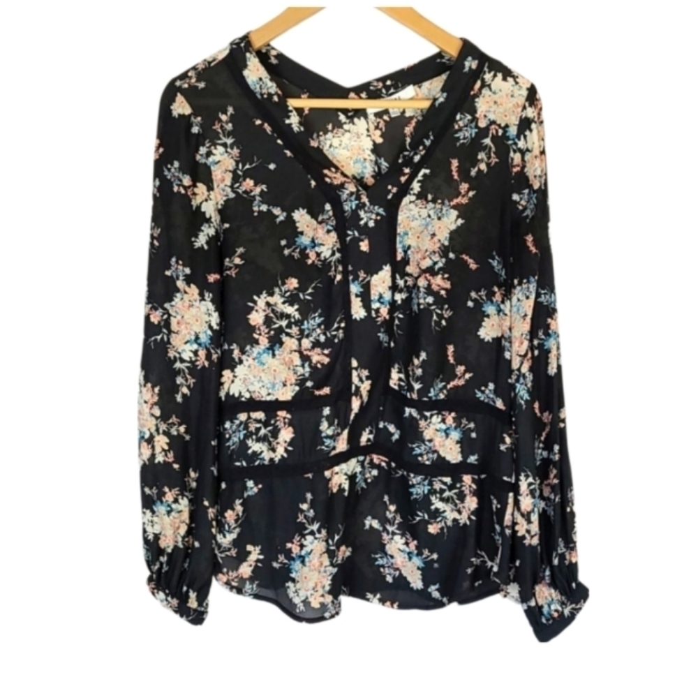 Dark Blue Floral Longsleeve Lace Detail Blouse Top